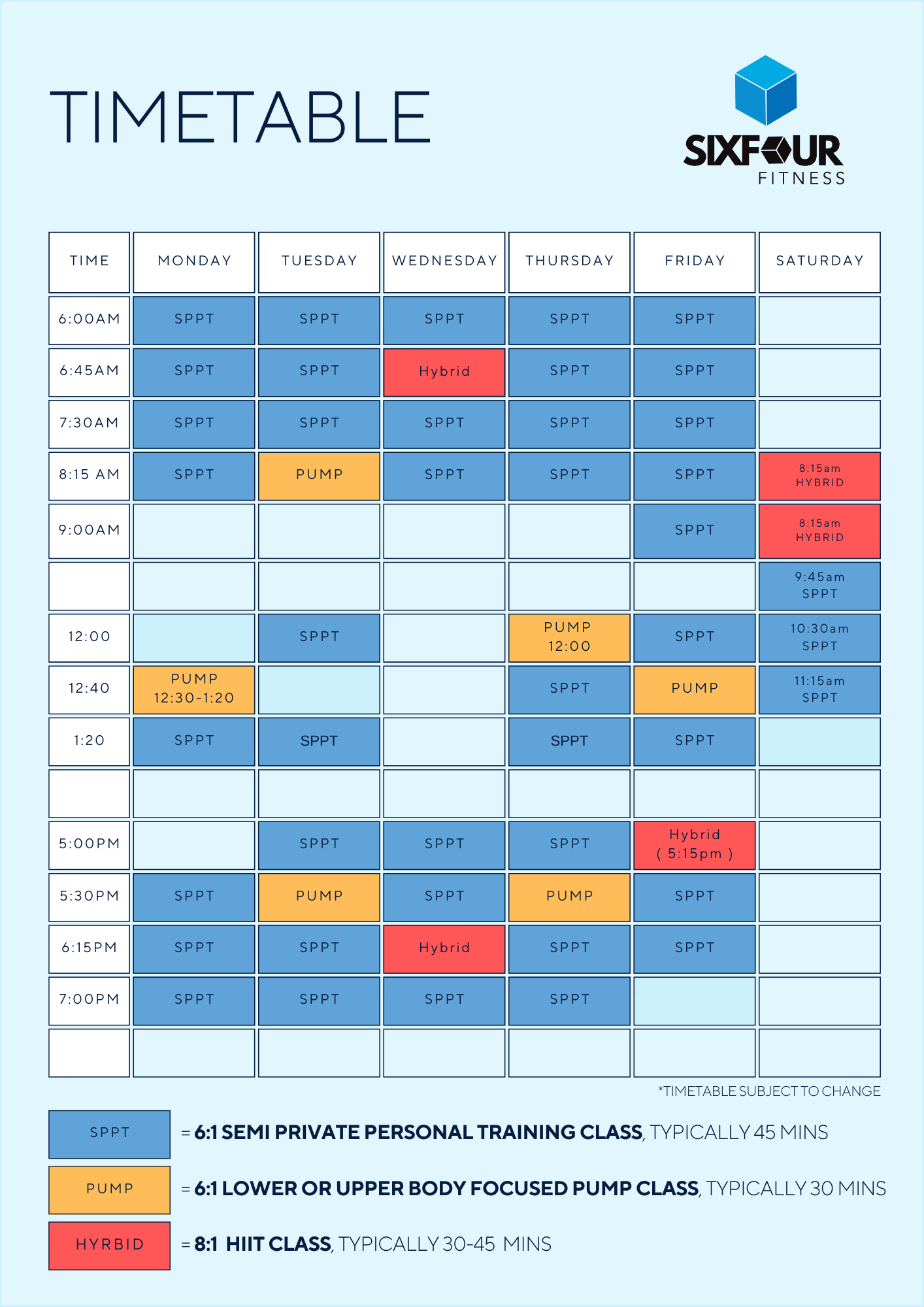 Time table for the gym SixFour Fitness